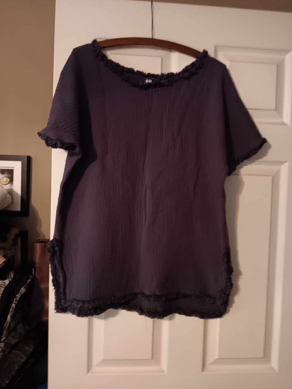 MISSLOOK Navy Short Sleeve Frayed Trim Blouse